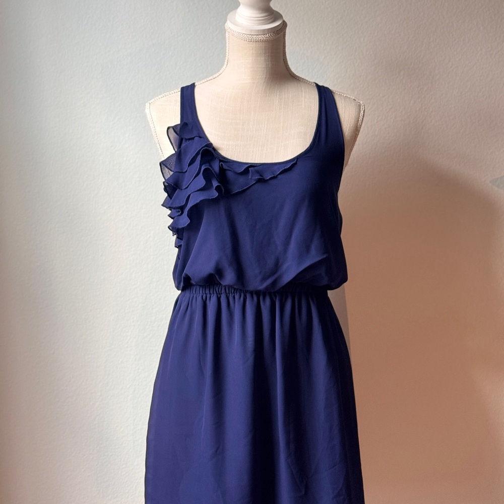 Eyelash Couture Navy Ruffle Front Mini Dress | Crisscross Back | Size Small